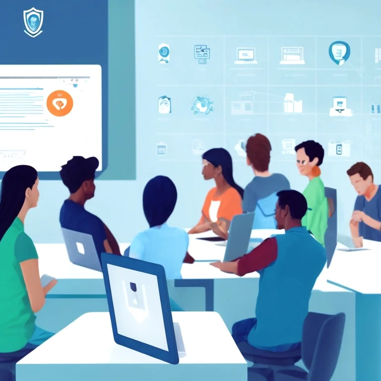 Salón de capacitación virtual con participantes en diferentes dispositivos